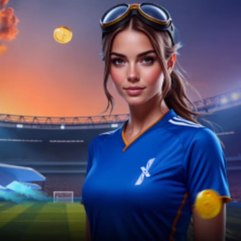 Portrait of a female soccer player in a blue jersey with golden coins floating around her on a stadium background at LuckyPari Casino.