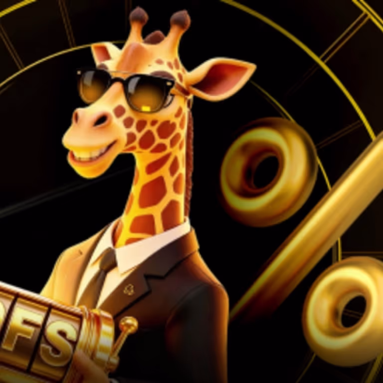 Sophisticated giraffe character in a black suit and sunglasses next to floating golden rings and casino elements at LuckyPari Casino.